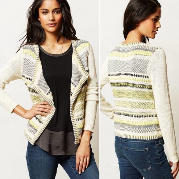 Anthropologie Moth Chaux Cardigan Sweater small stripes pockets open neon lime - Picture 1 of 12